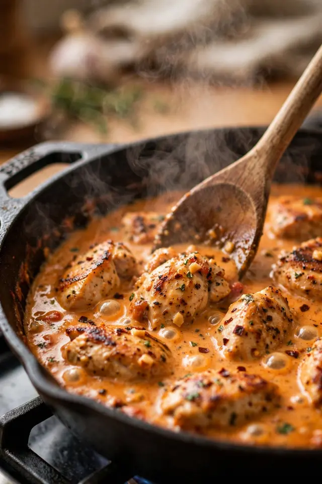 Seared chicken pieces simmering in creamy tomato sauce in a skillet for homemade butter chicken
