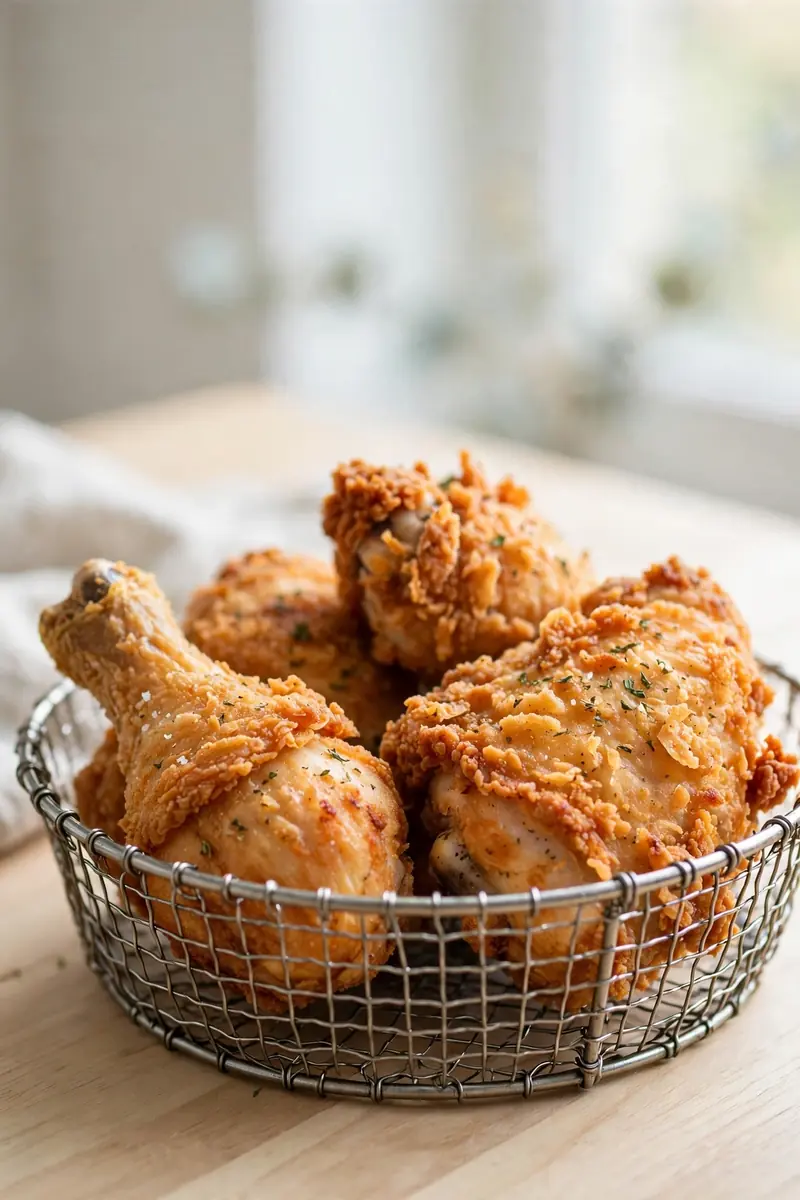 Air fryer fried chicken with golden crispy skin in a wire basket
