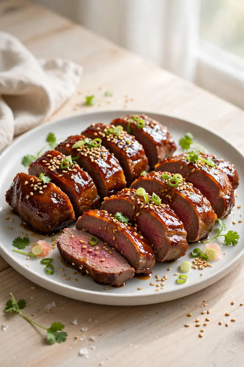 Asian glazed beef tenderloin with lacquered soy honey glaze, sliced