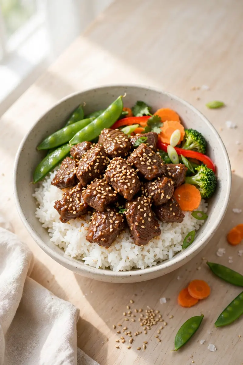 Asian sesame beef tips with toasted sesame seeds over rice