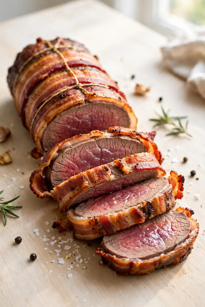 Bacon wrapped beef tenderloin with crisp bacon, sliced