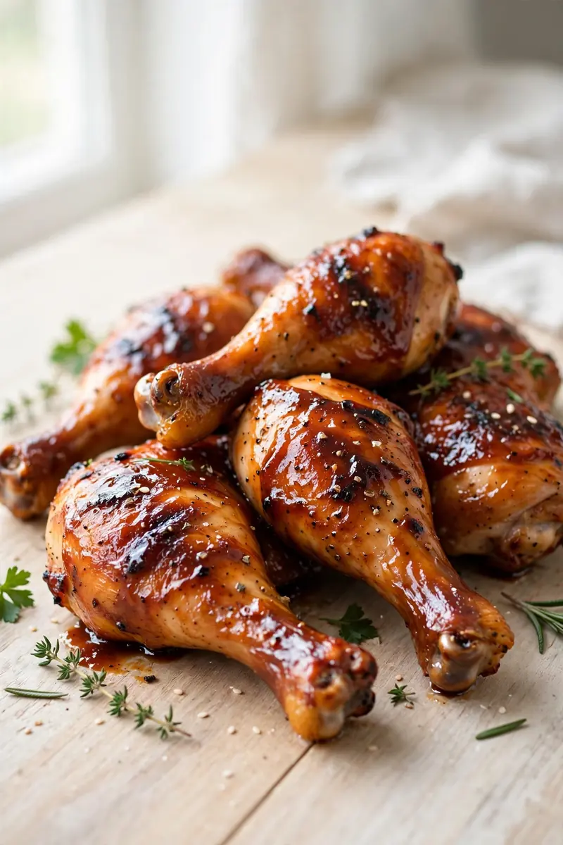 BBQ baked chicken legs with sticky caramelized barbecue glaze