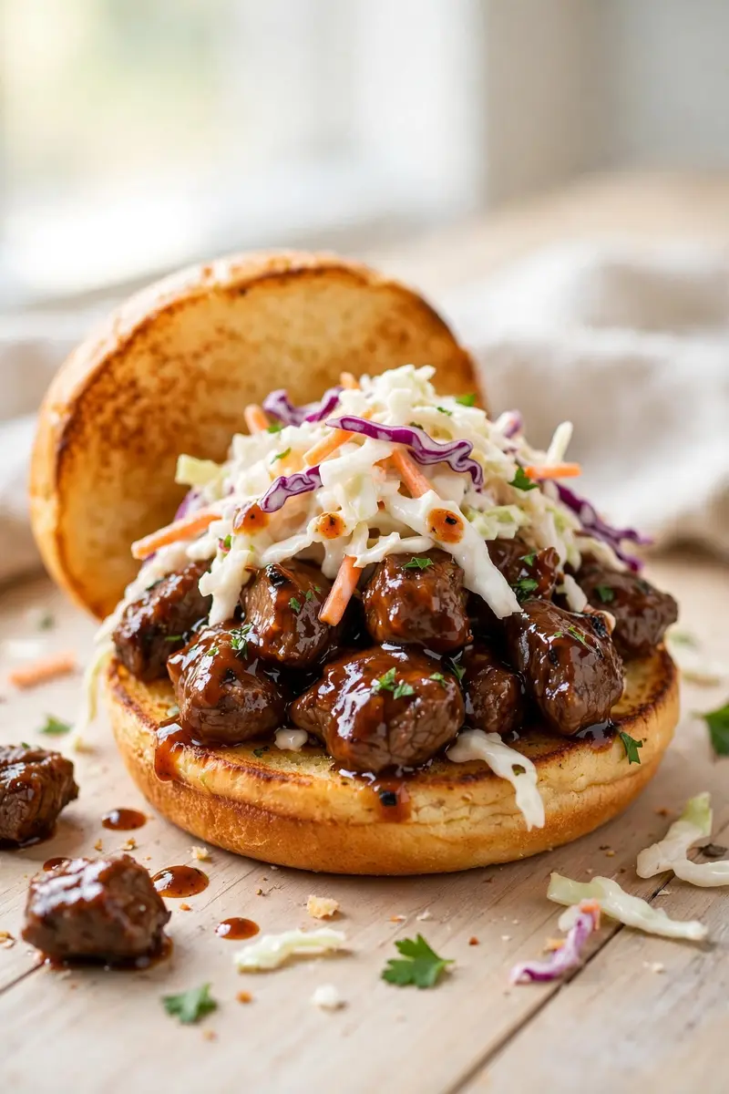 BBQ beef tips in sticky smoky sauce on a toasted bun