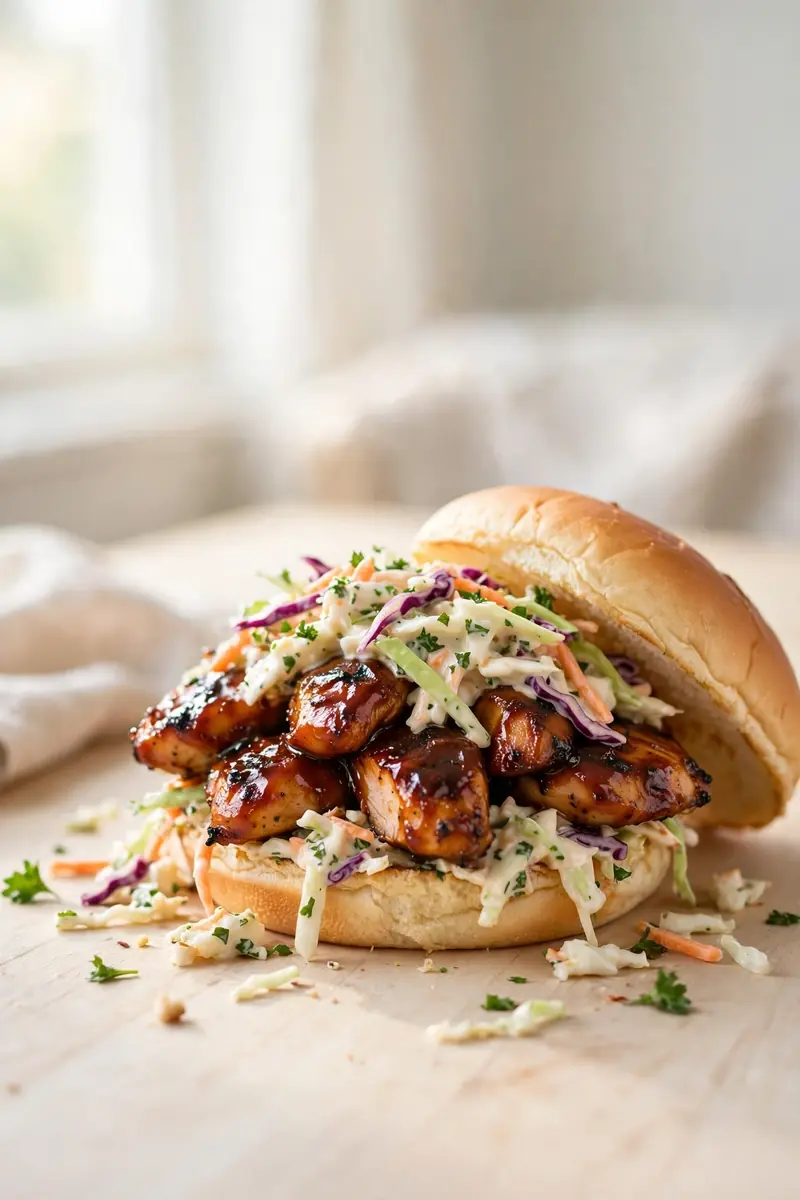 BBQ chicken sandwich with smoky pulled chicken and coleslaw on a brioche bun