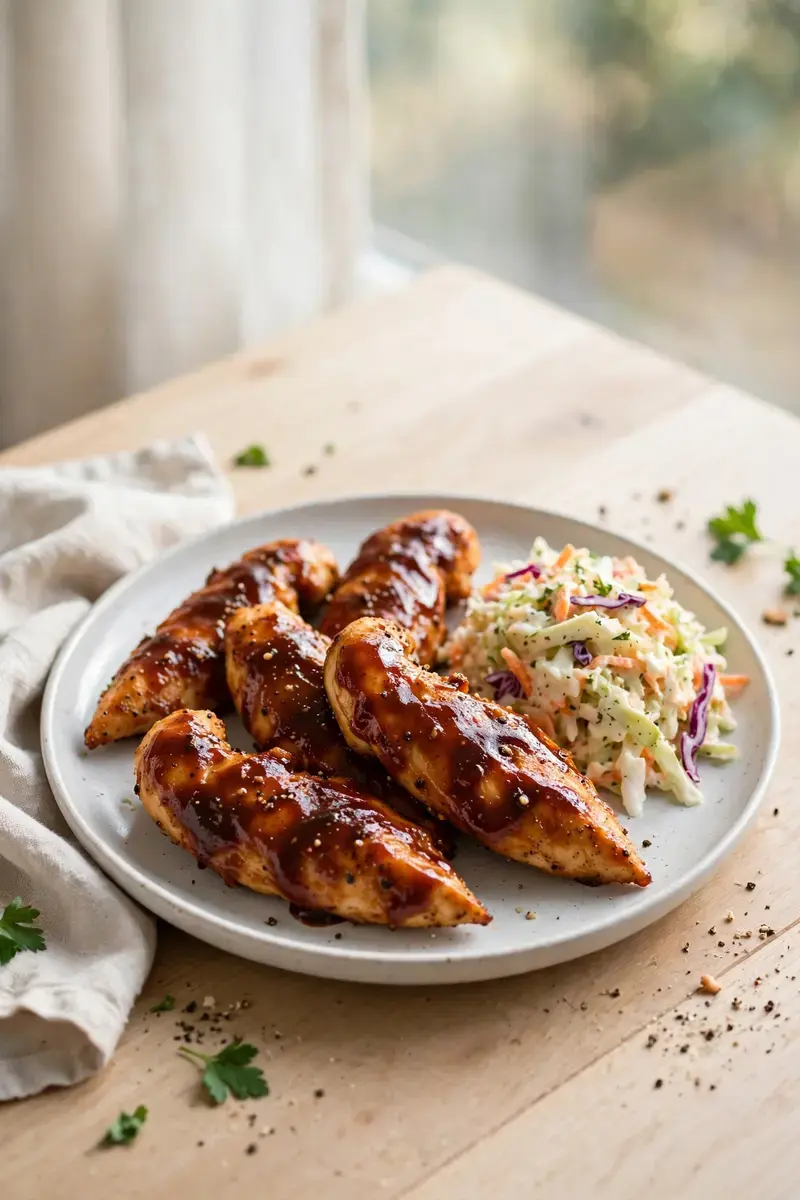 BBQ chicken tenders with coleslaw