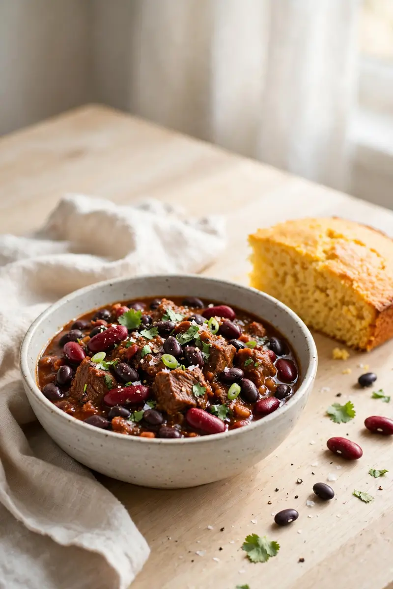 Beef and bean chili with kidney and black beans in a bowl