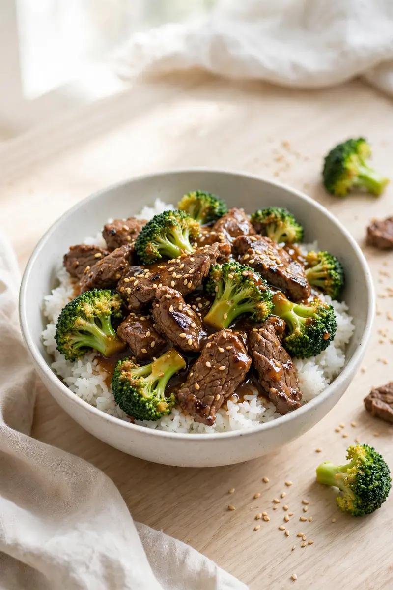 Beef and broccoli tips in savory sauce over white rice