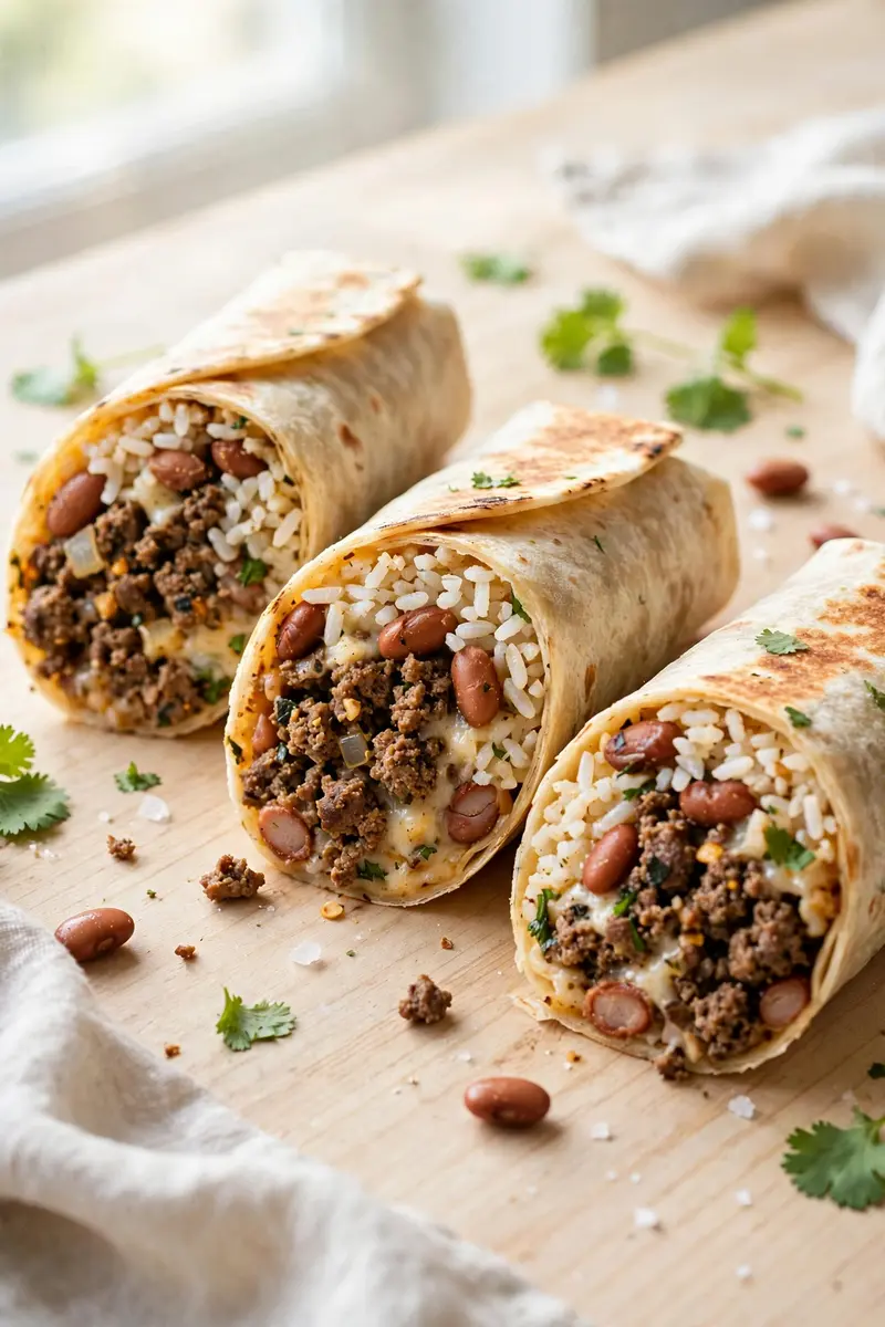 Beef burritos cut in half showing rice, beans and seasoned beef filling