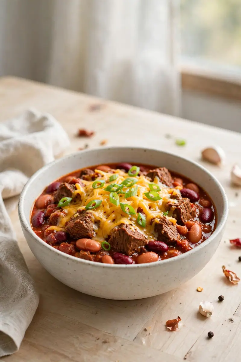 Hearty beef chili with beans topped with cheese and green onions