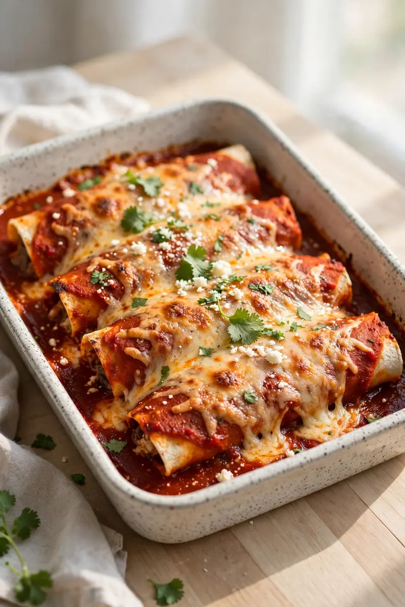 Beef enchiladas smothered in red sauce and melted cheese