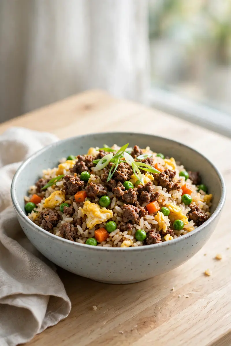 Beef fried rice with seasoned minced beef, peas, carrots and egg