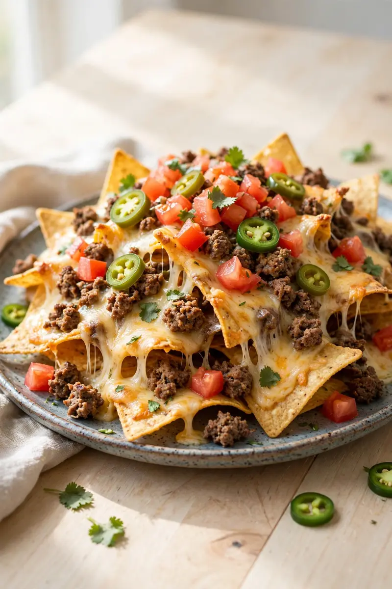 Loaded beef nachos with melted cheese, tomatoes and jalapenos
