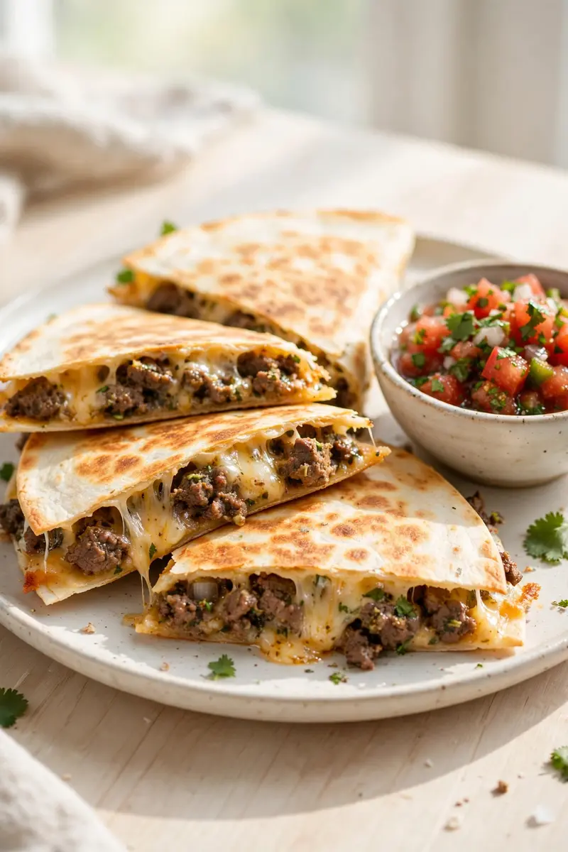 Beef quesadilla wedges with melted cheese and seasoned beef