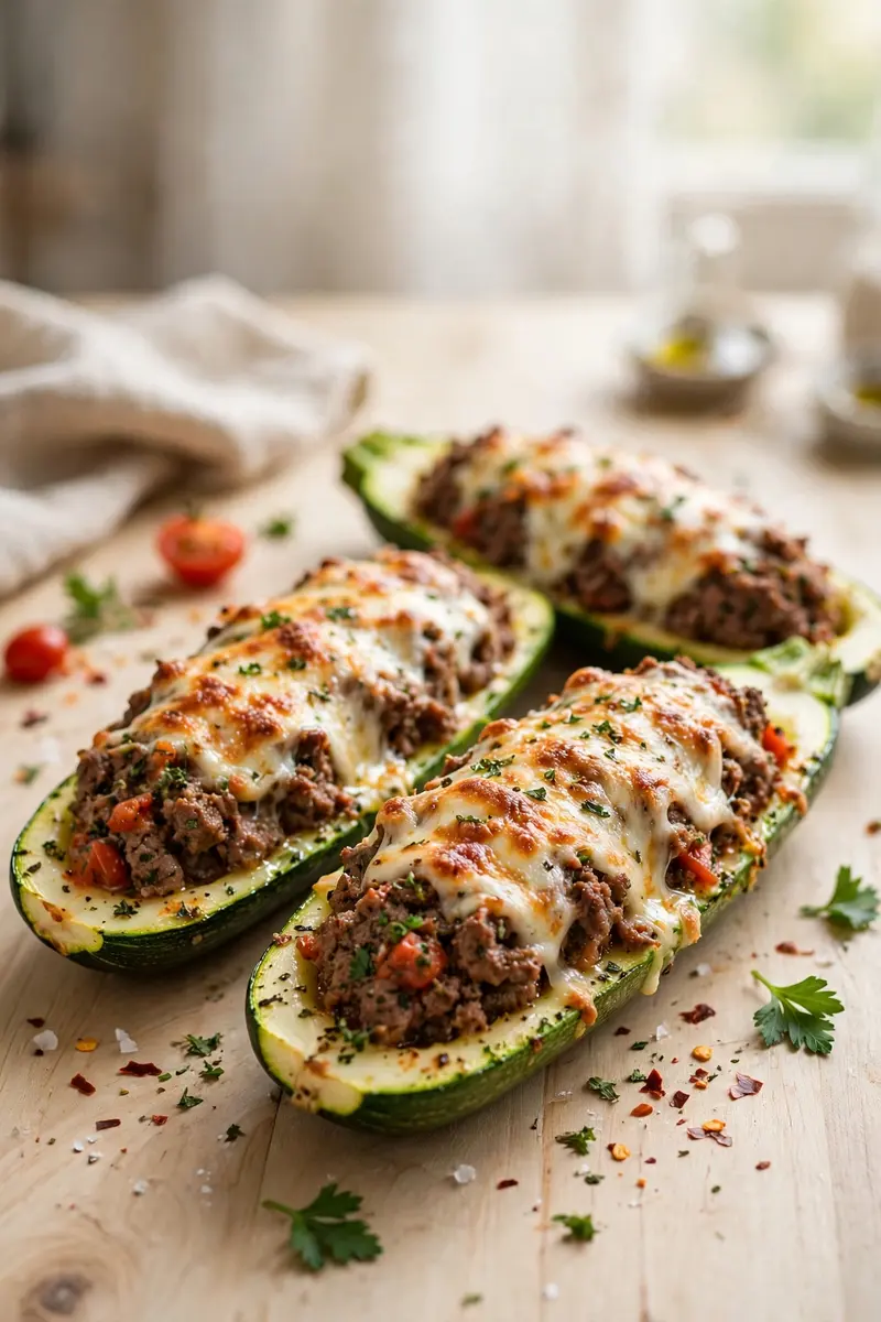 Beef stuffed zucchini boats with seasoned beef filling and melted mozzarella
