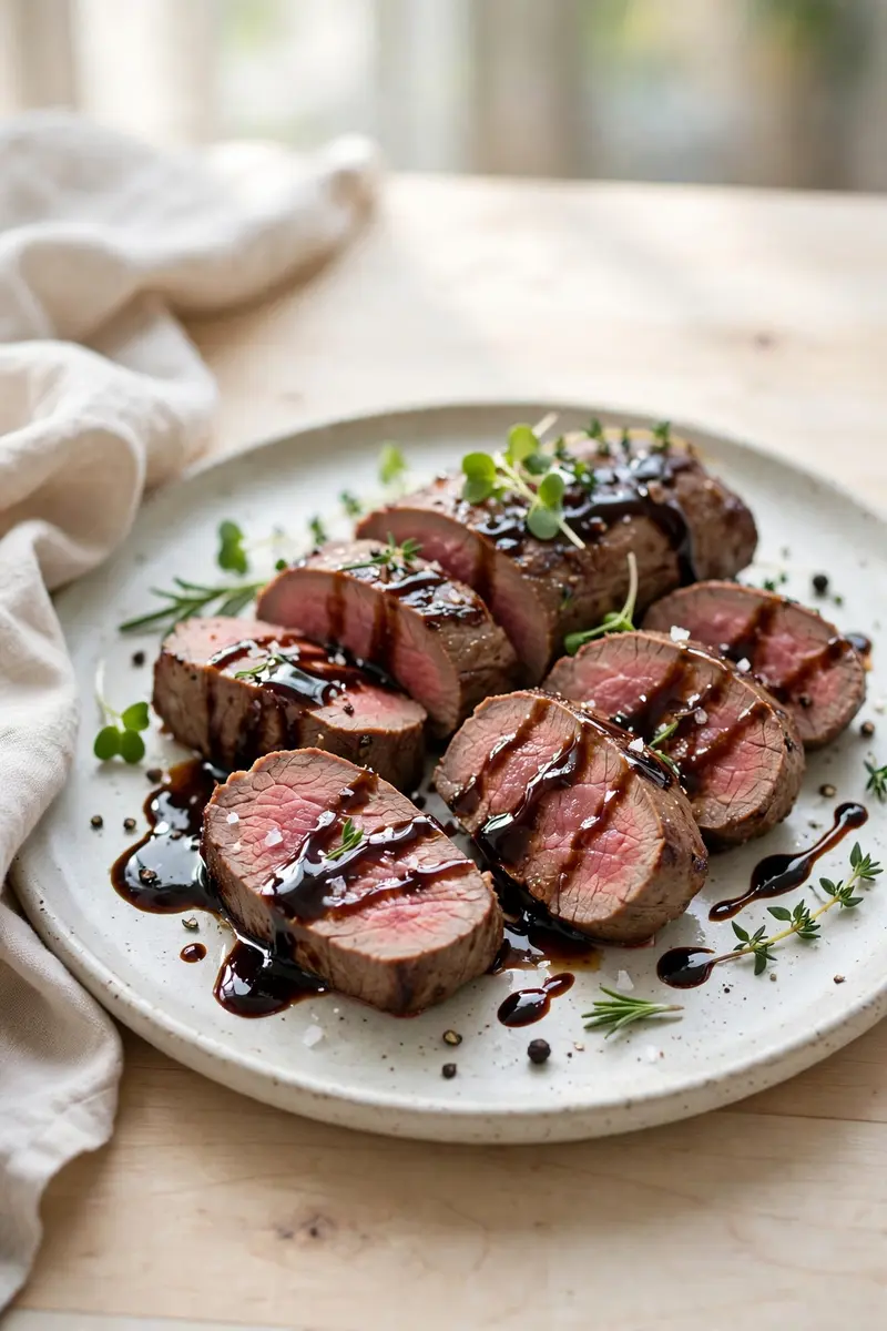Sliced beef tenderloin drizzled with balsamic glaze