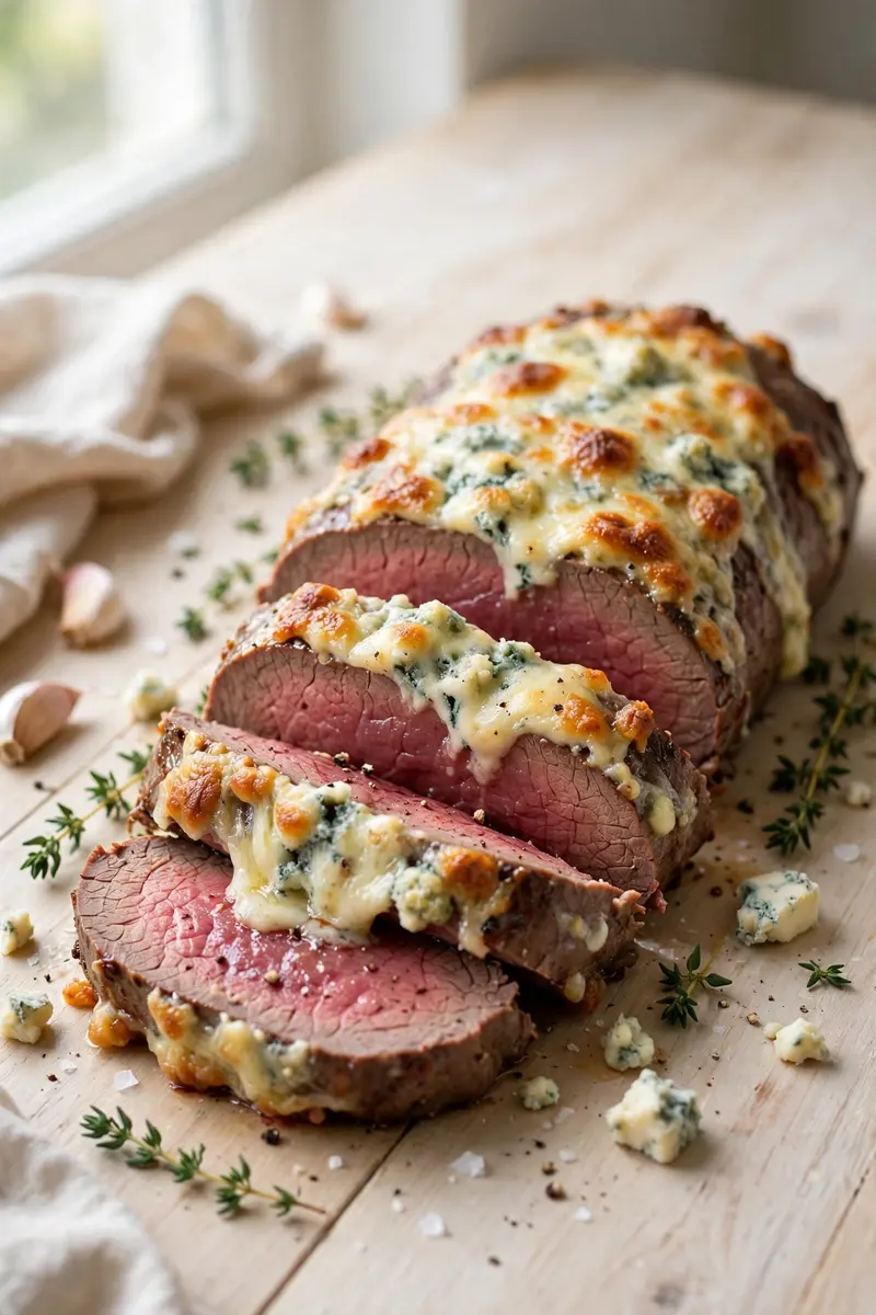 Beef tenderloin with melted blue cheese crust, sliced
