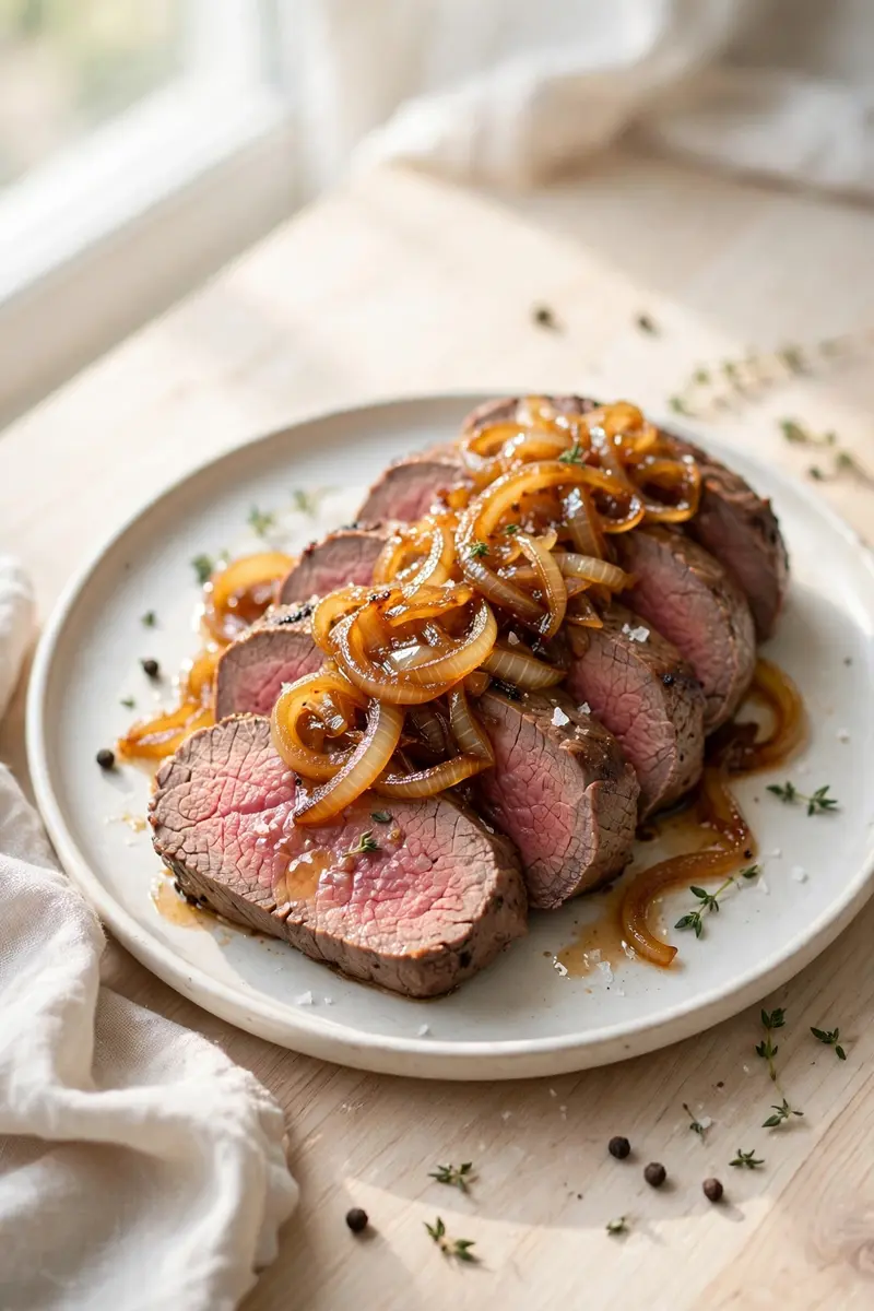 Sliced beef tenderloin topped with caramelized onions