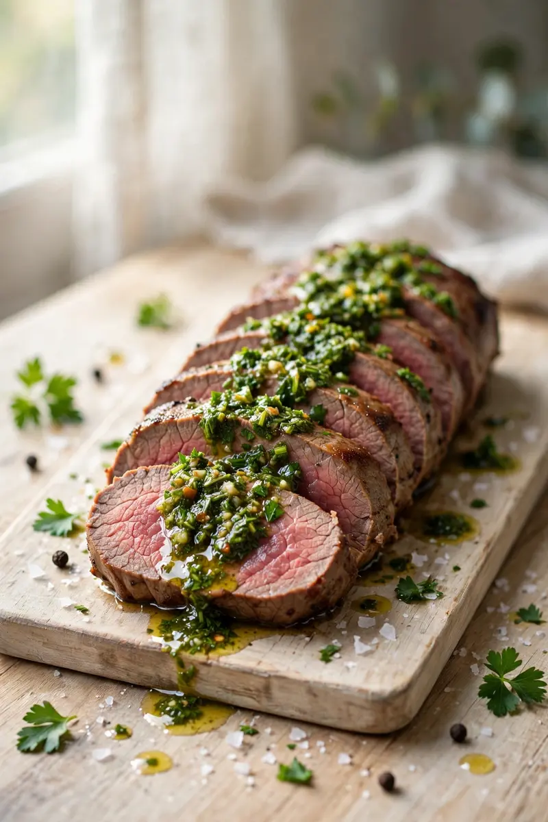 Sliced beef tenderloin with bright green chimichurri sauce