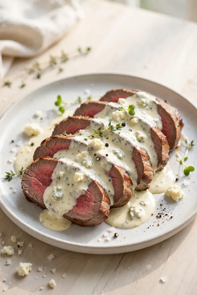 Sliced beef tenderloin with creamy gorgonzola sauce