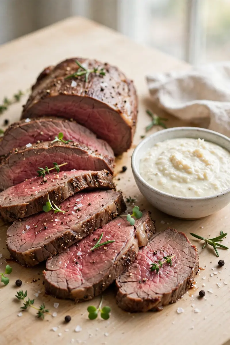 Sliced roast beef tenderloin with creamy horseradish sauce in a bowl