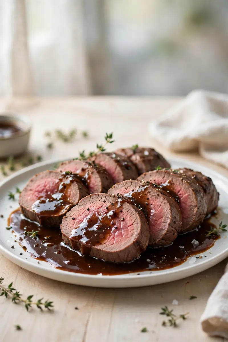 Sliced beef tenderloin with rich Madeira wine sauce