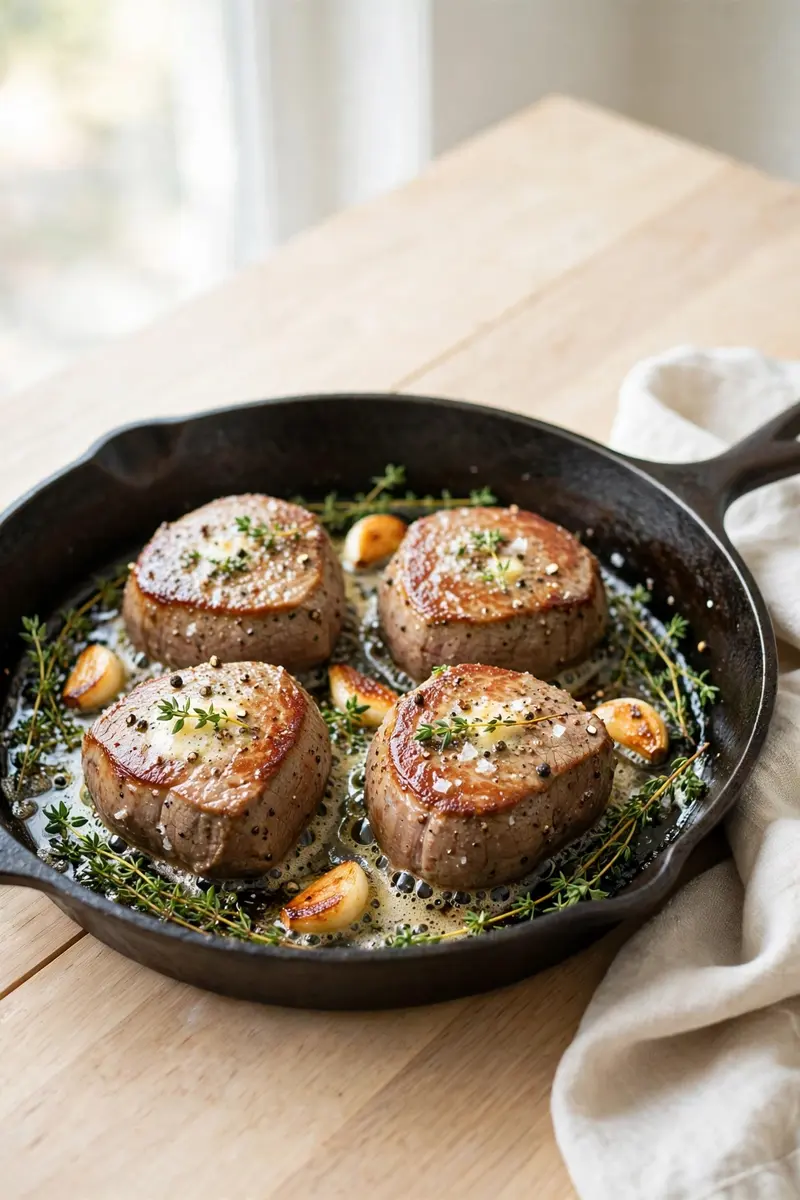 Beef tenderloin medallions seared with garlic butter and thyme