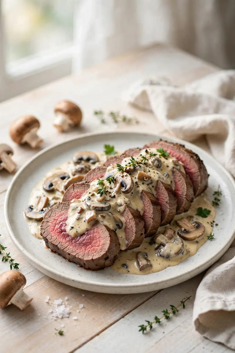 Sliced beef tenderloin with creamy mushroom sauce