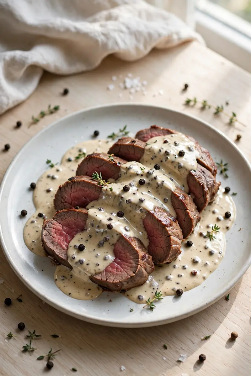 Sliced beef tenderloin with peppercorn cream sauce
