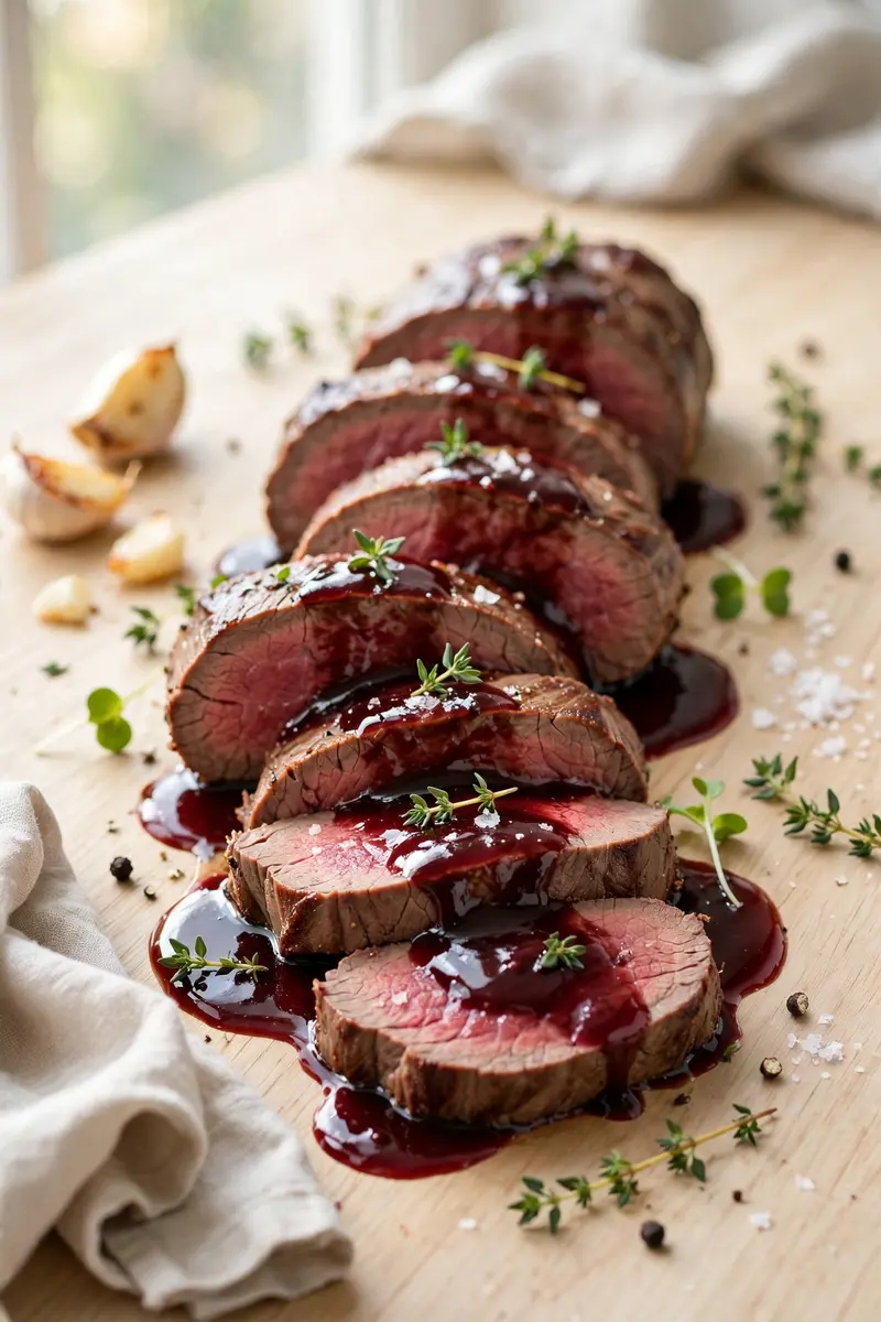 Sliced beef tenderloin with glossy red wine sauce