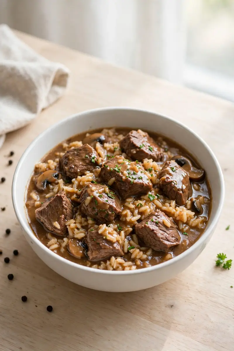 Beef tips and rice cooked together in savory gravy