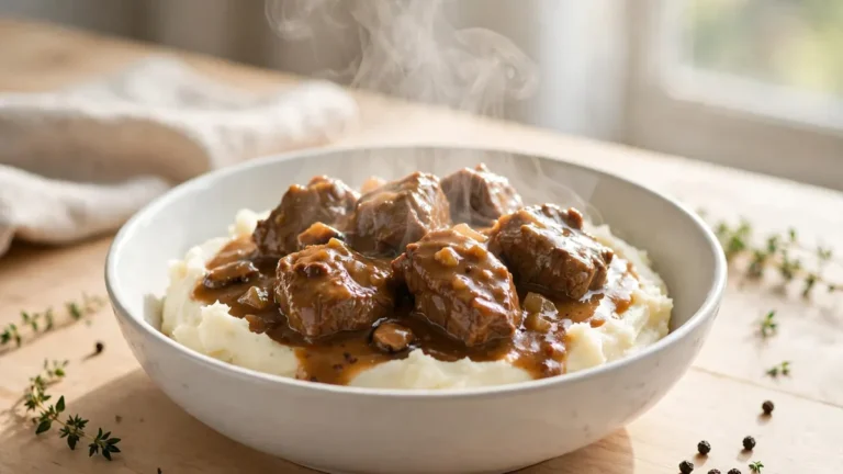 Tender beef tips in rich brown gravy over mashed potatoes in a white bowl