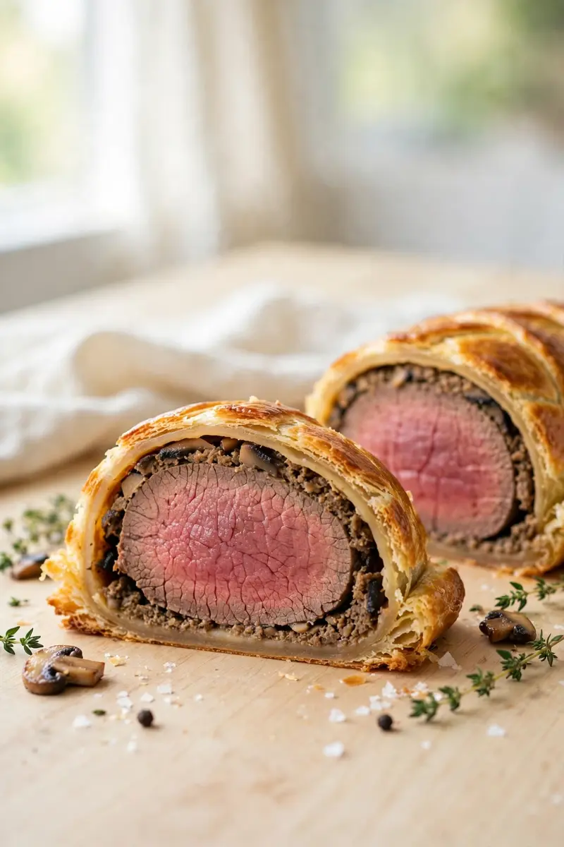 Beef Wellington style tenderloin in golden puff pastry, sliced
