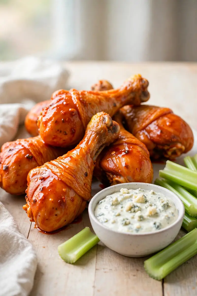 Buffalo chicken drumsticks with celery and blue cheese dip