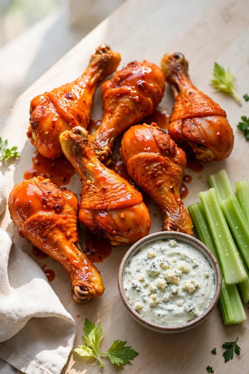 Buffalo chicken legs in spicy orange red sauce with celery and blue cheese dip