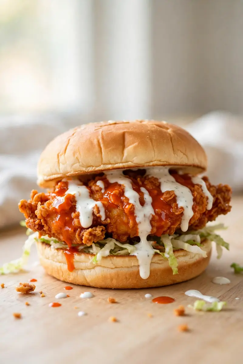 Buffalo chicken sandwich with tangy sauced chicken, lettuce and blue cheese dressing on a brioche bun