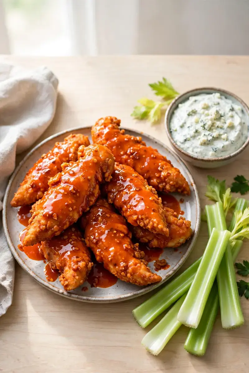 Buffalo chicken tenders with celery and blue cheese dip