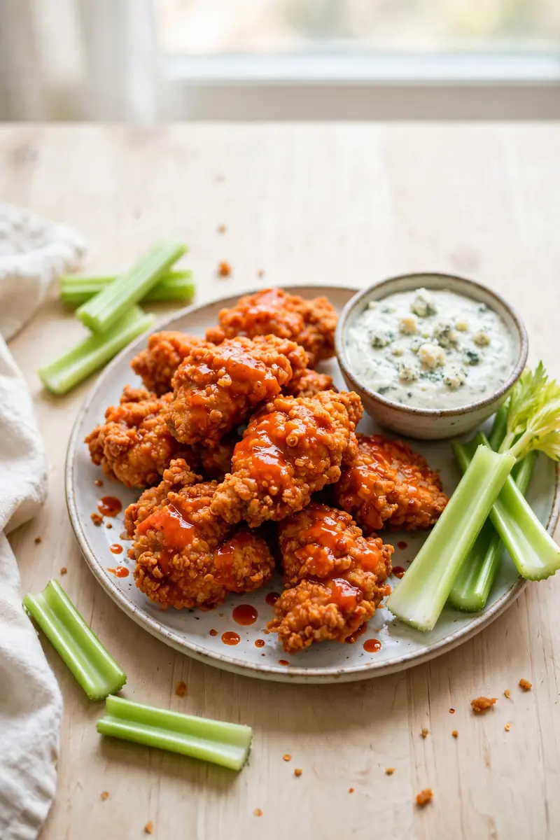 Buffalo fried chicken tossed in tangy sauce with celery and blue cheese dip