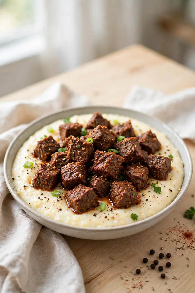 Cajun beef tips over creamy grits