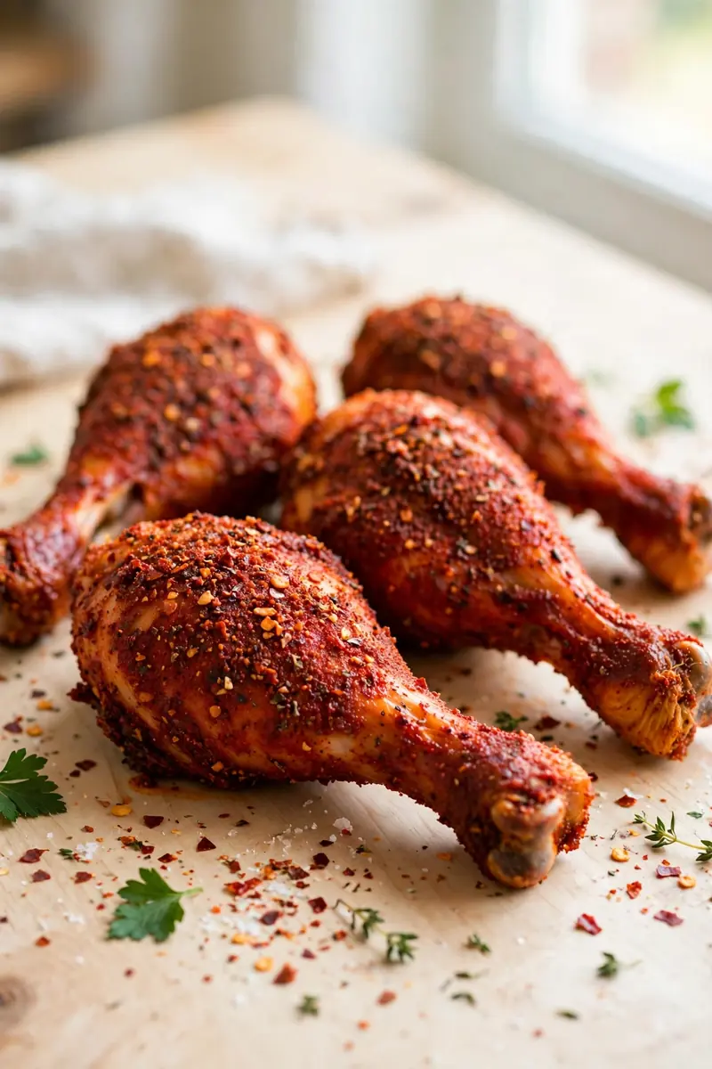 Cajun chicken legs with deep red spicy crust