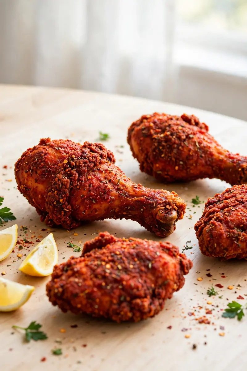 Cajun fried chicken pieces with deep red spicy crust