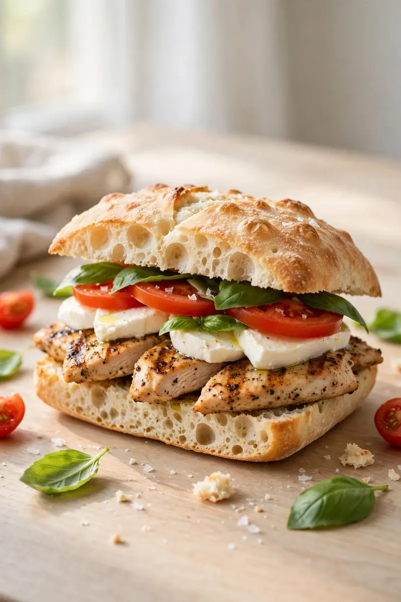 Caprese chicken sandwich with grilled chicken, fresh mozzarella, tomato and basil on ciabatta