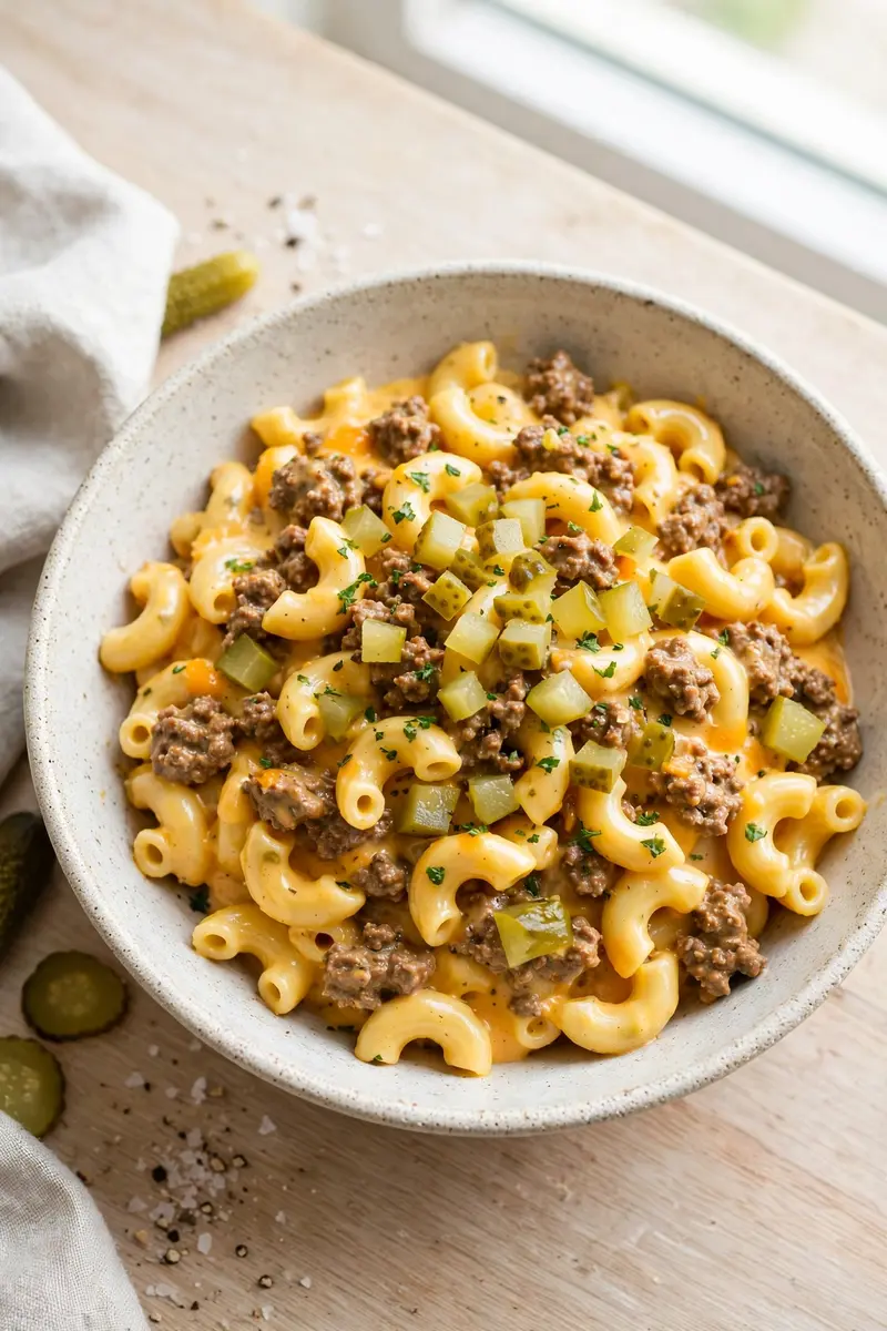 Cheeseburger pasta with elbow macaroni in creamy cheddar sauce