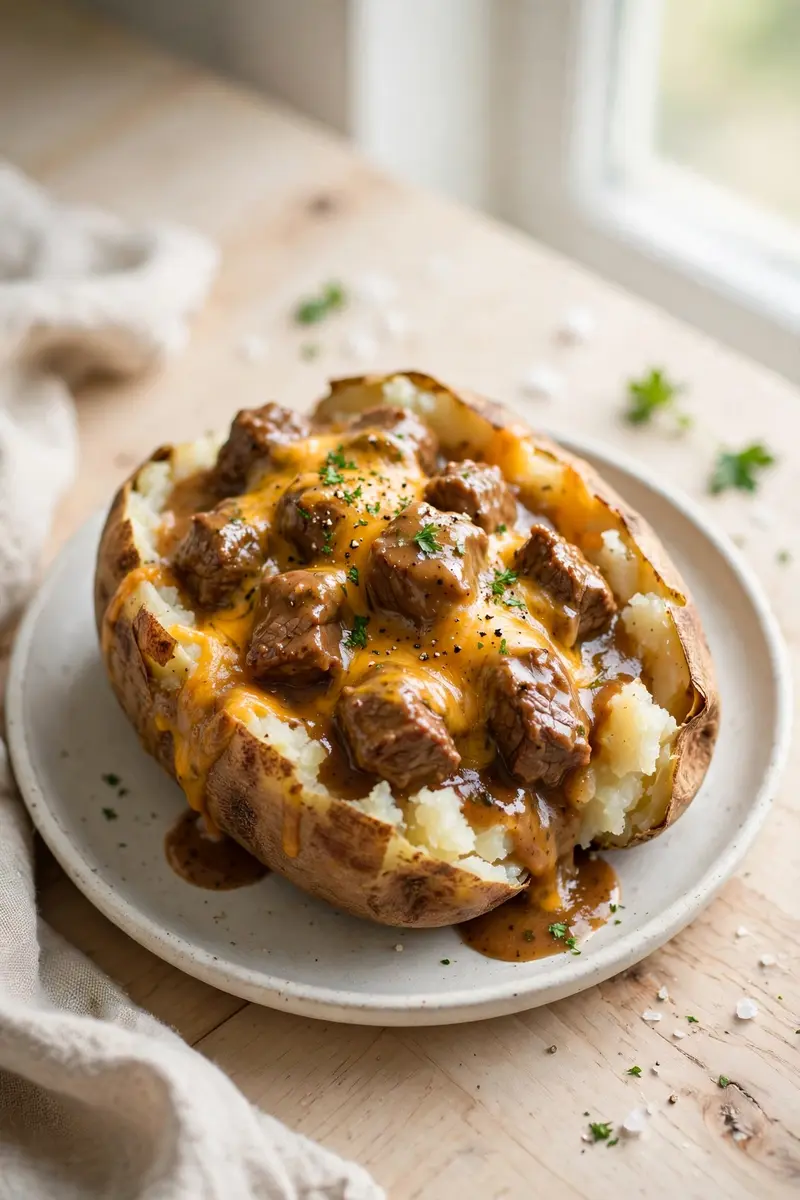 Cheesy beef tips with melted cheddar over baked potato
