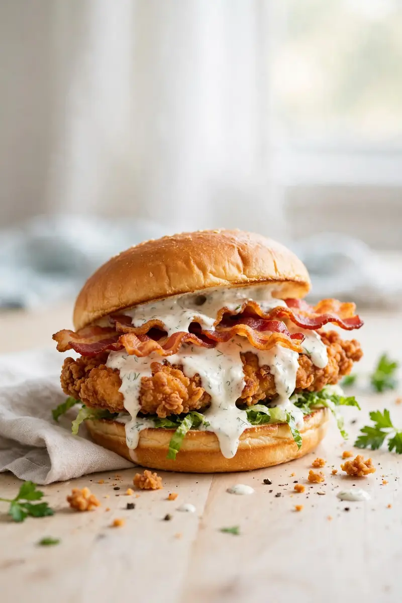 Chicken bacon ranch sandwich with crispy chicken, bacon strips and ranch dressing