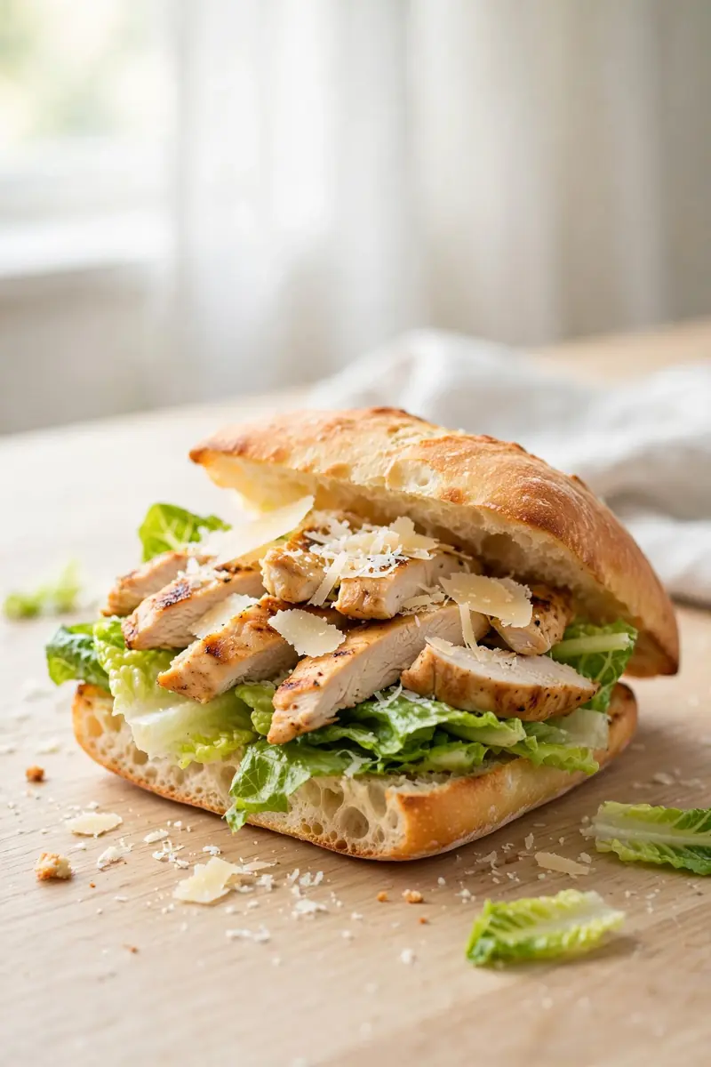 Chicken Caesar sandwich with sliced grilled chicken, romaine and parmesan on a ciabatta roll