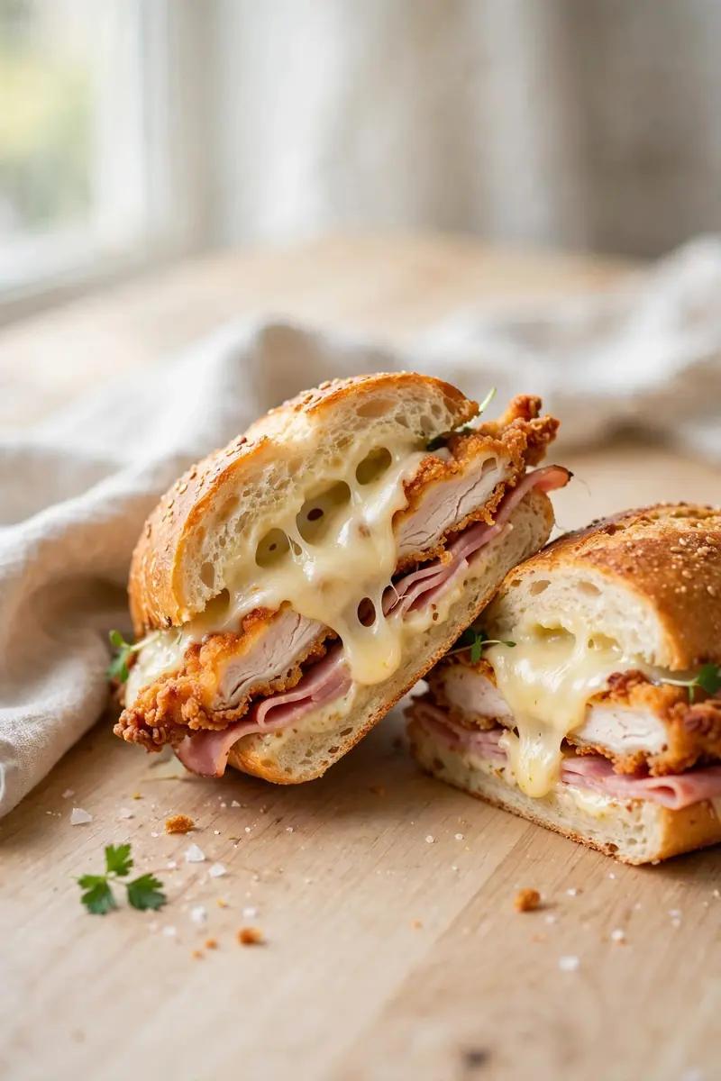 Chicken cordon bleu sandwich with crispy chicken, ham and melted Swiss cheese