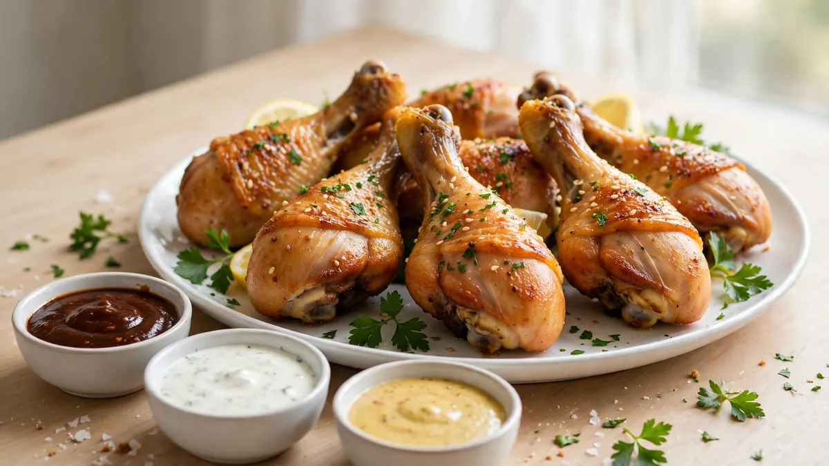 Golden juicy chicken drumsticks on a platter with dipping sauces