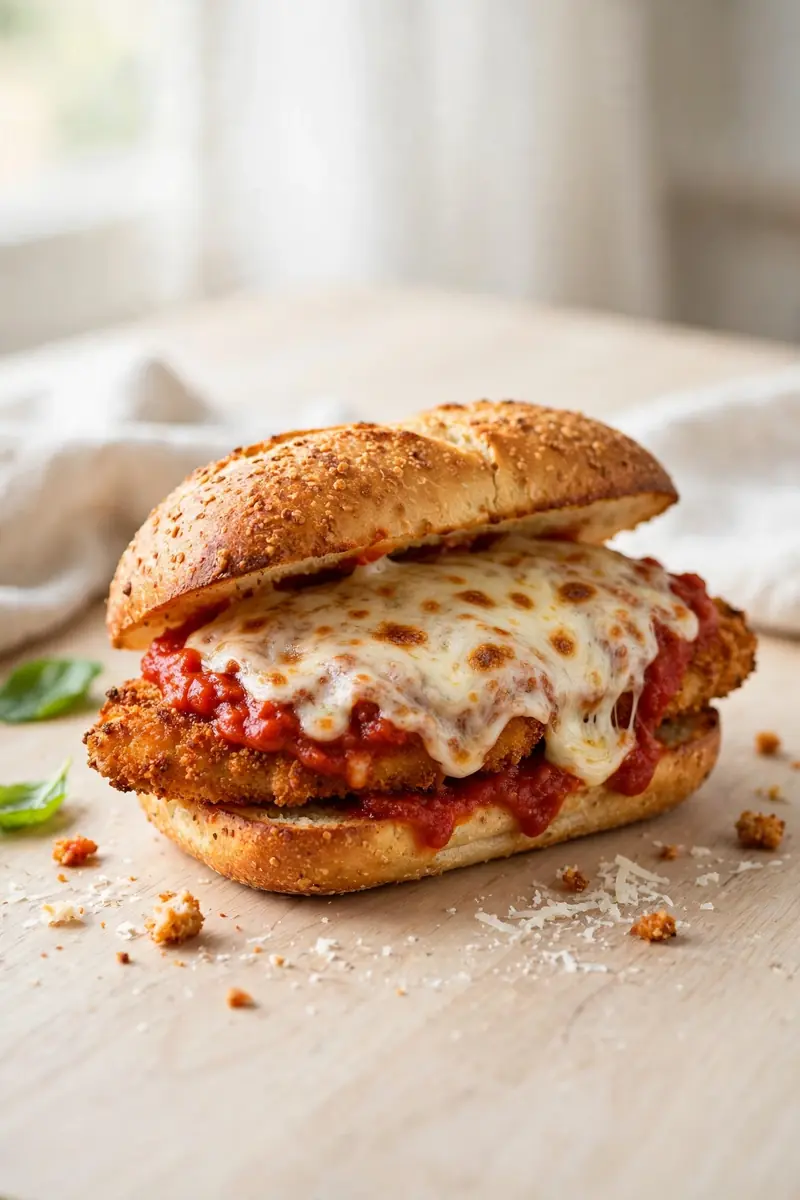 Chicken parmesan sandwich with breaded chicken, marinara and melted mozzarella on a hoagie roll