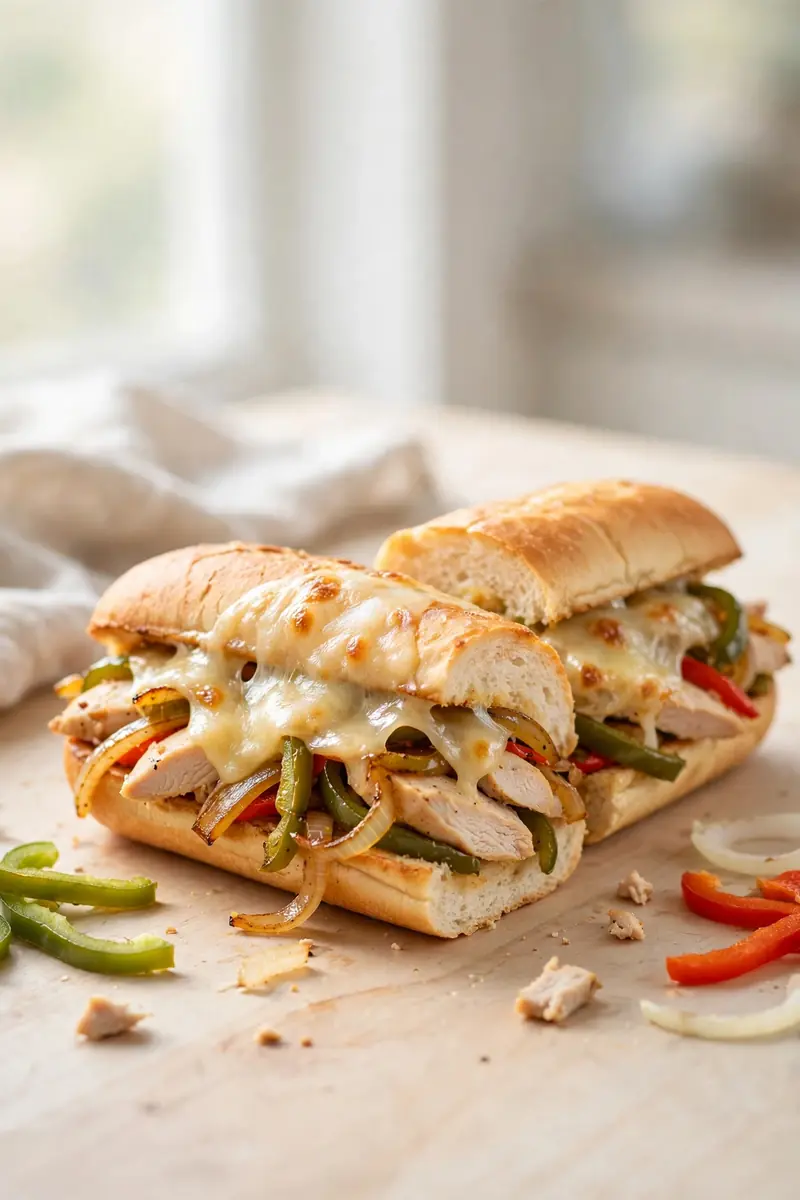 Chicken Philly sandwich with sliced chicken, peppers, onions and melted provolone on a hoagie roll