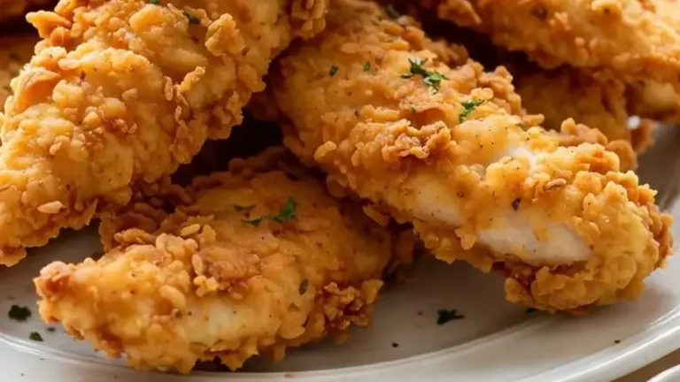 Crispy golden chicken tenders with dipping sauces on a wooden table